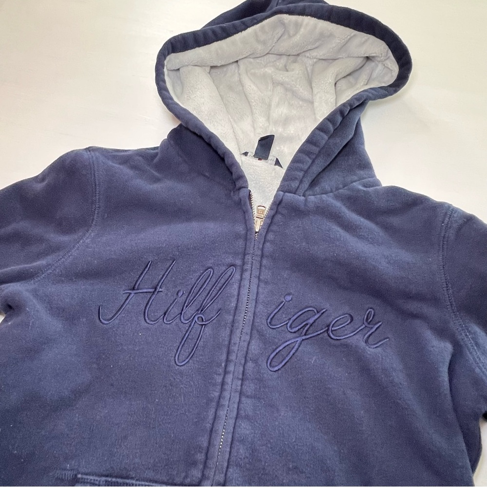 Tommy Hilfiger Blue Long Sleeve Hooded Sweatshirt White Sherpa Lining 128
